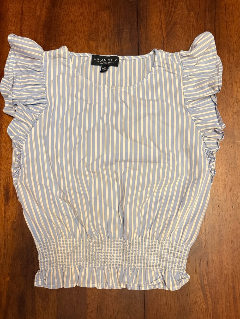 Laundry By Shelli Segal Light Blue & White Striped Ruffle Sleeve Crop Top